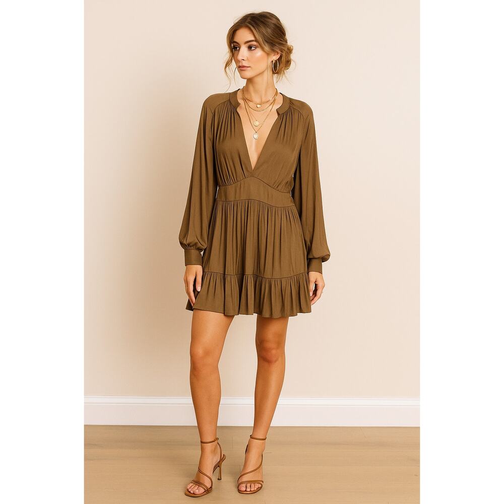BANANA REPUBLIC Balza Ruffle Mini Dress Olive V Neck Long Sleeve Size Large - Picture 1 of 7